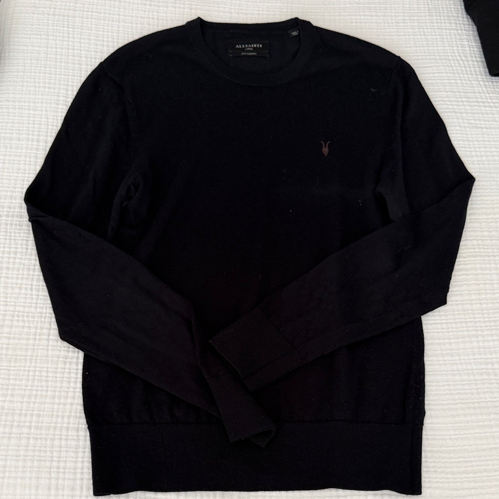 AllSaints Men's Black Crewneck Sweater with Tonal Logo